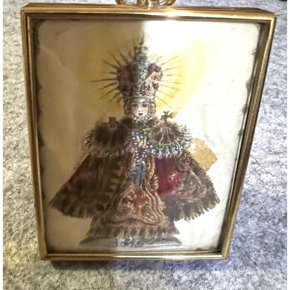 Antique Convex Glass Infant Of Prague Holy Christian Catholic Frame Gold Gilt